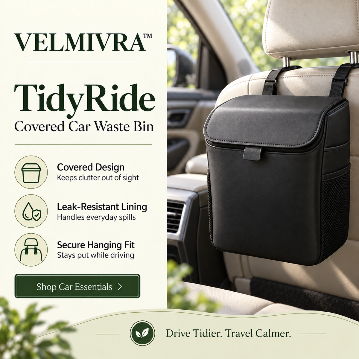 VELMIVRA™ TidyRide Covered Car Waste Bin